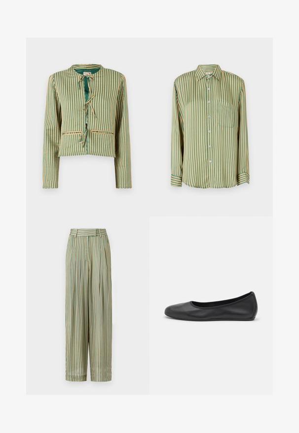 Rајицa с пругами у зеленој и беж боји са скраћеним дизајном. Има дуге рукаве, округли оковратник и кравату напред. Два предња џепа.; Srajca z dolgimi rokavi in gumbi, s takšnim vzorcem: zeleni in rumeni navpični črti. Ima žep na prsih in modre gumbe. Narejena je iz gladkega materiala.; MILLE CARA PANT - Hlače - almond/green; Črne usnjene balerinke z zaobljenim nosom, gladko teksturo, minimalnimi šivi in fleksibilno zasnovo podplata.