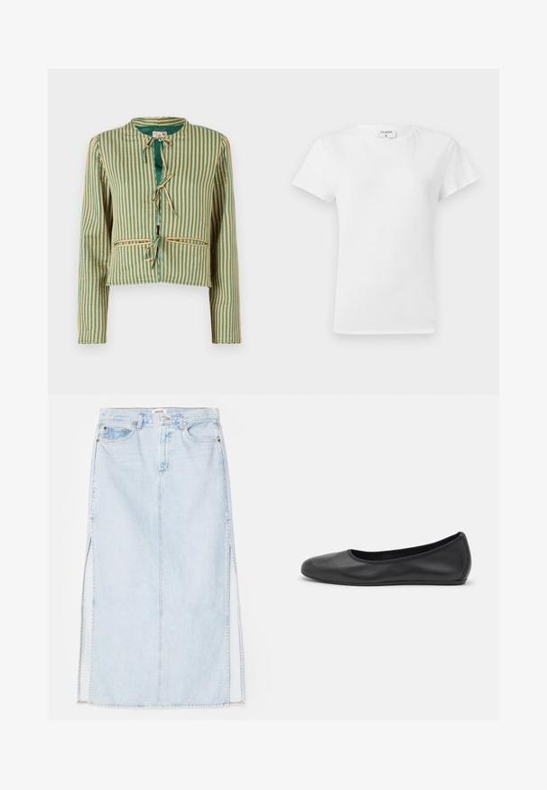 Stripet jakke i grøn og beige med en cropped design. Har lange ærmer, en rund krave og snore foran. To forlommer.; Hvid bomulds t-shirt med rund hals og korte ærmer, præsenteret i et afslappet fit og minimalistisk design. Etiketten er synlig ved halsen.; Lyseblå denim maxi nederdel med lige snit, der har sideslidser og fem-lomme design. Fremtrædende syninger og metalknaplukning.; Sort læderballetsko med rund tå, glat tekstur, minimal syning og et fleksibelt såldesign.