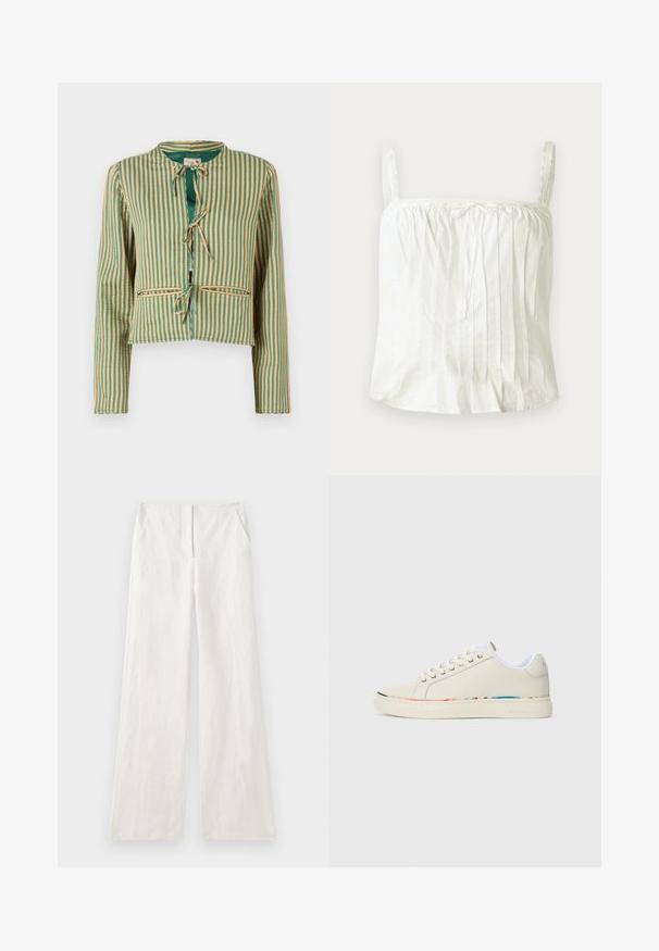 Stripet jakke i grønn og beige med en kort design. Har lange ermer, en rund krage og bånd foran. To frontlommer.; Hvit ermeløs topp med tynne stropper, med plisserte detaljer og blonder langs utringningen. Lett bomullsstoff.; Vide benklær i lin i off-white, med en glatt tekstur, frontfolder og sidelommer. Enkel, ubrutt design.; Off-white lav top sneaker med snøring, hvit innvendig fôr og subtilt flerfarget trim langs sålekanten, sidevisning.