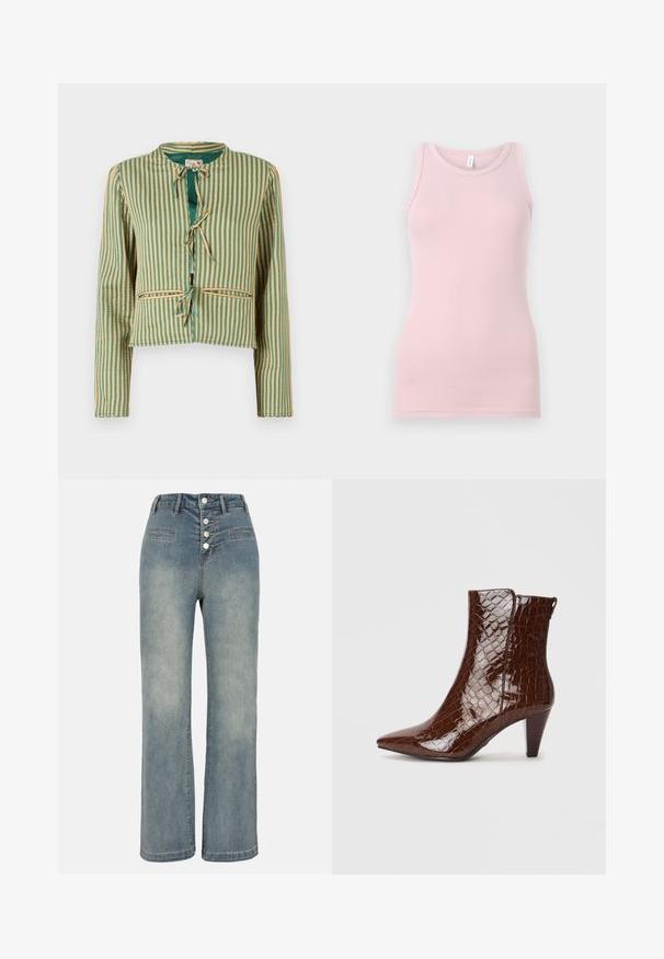 Striped jacket in green and beige with a cropped design. Features long sleeves, a rounded collar, and ties at the front. Two front pockets.; Light pink tank top made of soft, stretchy fabric. Features a round neckline and narrow shoulder straps, with a smooth texture and fitted shape.; Light blue denim wide-leg jeans with a high waist, five-button closure, and two front pockets. Smooth texture with subtle fading.; Brown faux leather ankle boots with a pointed toe, crocodile texture, and a 5 cm stacked heel. Side opening with no visible hardware.
