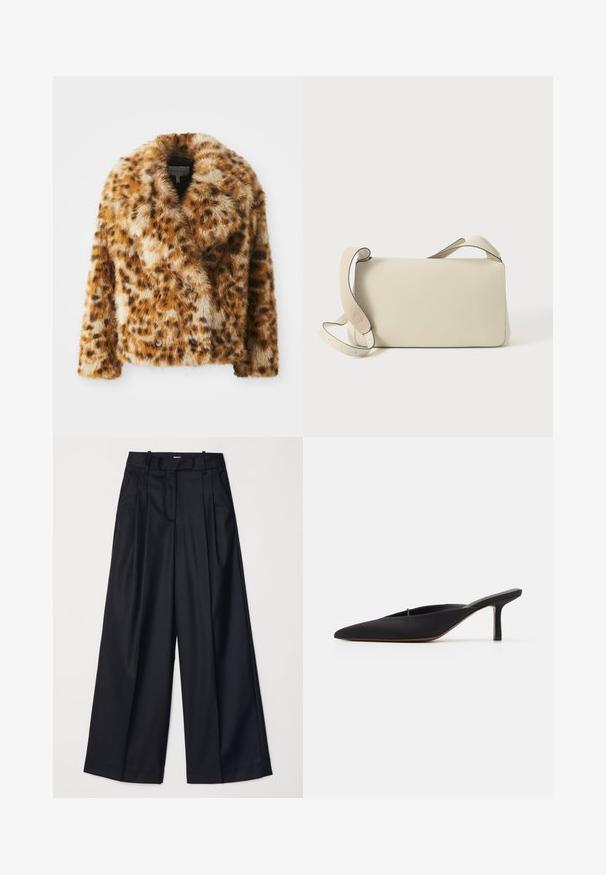 Leopard-print faux fur jacket with a notched collar, double-breasted front, and slightly cropped shape. Soft texture with varying brown tones.; Black turtleneck sweater made of soft fabric, featuring ribbed accents at the collar and cuffs, with a relaxed fit and side slits.; Black wide-leg trousers made of smooth fabric, featuring a high waist, pleats, and a tailored design. Simple black hardware at the waist.; Black pointed-toe mule with a sleek design, made of smooth fabric, featuring a slender heel and open back for easy wear.; Cream-colored leather shoulder bag with adjustable strap and flap closure, set against a plain white background.