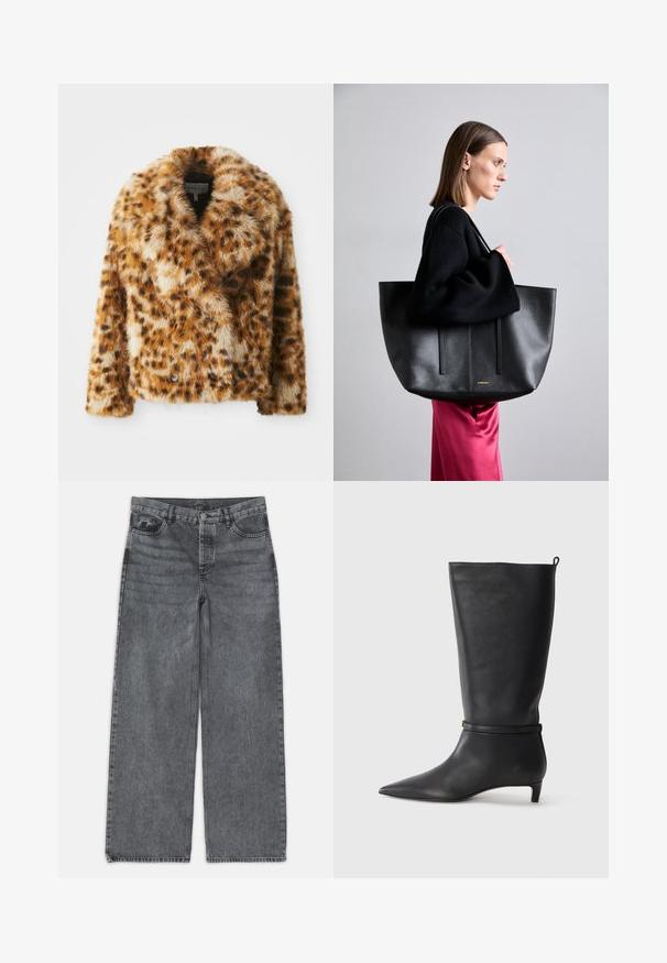 Giacca in pelliccia sintetica leopardata con colletto a rotondo, chiusura doppiopetto e forma leggermente accorciata. Texture morbida con tonalità di marrone variegate.; Maglione a collo alto nero realizzato in tessuto morbido, con dettagli a coste sul colletto e sui polsini, dalla vestibilità rilassata e con spacchi laterali.; Jeans a gamba larga in denim grigio scuro. Presentano una vita alta, design a cinque tasche e chiusura anteriore con bottone. Texture liscia con un leggero sbiadimento.; Stivale in pelle nera alta fino al ginocchio con punta affusolata, adornato da una fascia circolare attorno alla caviglia e un tacco basso e conico. Texture liscia.; Borsa tote in pelle nera con finitura texture, dotata di due linee verticali, doppie spalline e un design minimalista.