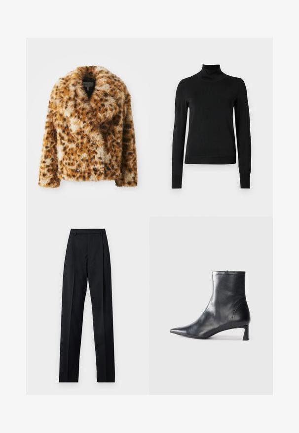 Korsett kein Leopardentier-Muster, mit einem eingekerbten Kragen, doppelter Knopfleiste und leicht verkürzter Form. Weiche Textur mit variierenden Brauntönen.; Musta pitkähihaisen pooloneuleen, jossa on ribbikuvioiset hihansuut ja helma, esitetty yksinkertaisella valkoisella taustalla.; Musta housut, jotka on valmistettu sileästä kankaasta ja joissa on korkea vyötärö, leveät lahkeet, etukaarteet ja klassiset vyölenkit. Ei näkyviä sivutaskuja.; Musta nahkainen nilkkabotti, jossa on teräväkärkinen muotoilu ja tyylikäs design. Varusteena matala korko ja takana vetoketjukiinnitys. Sileä pinta.