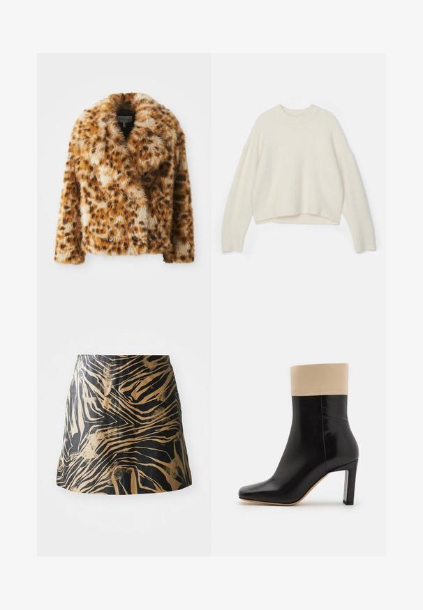 Sako z umělé kožešiny s leopardím vzorem, s klopingovým límcem, dvouřadým zapínáním a mírně zkráceným střihem. Měkká textura s různými hnědými odstíny.; Svetr z vlny v odstínu off-white s kulatým výstřihem, spadlými rameny a zkráceným lemem. Měkká textura s volným střihem.; Černá a zlatá sukně s pruhovaným zebřím vzorem, vyrobená z hladkého materiálu, se slim fit střihem a vysokým pasem.; Černá kožená kotníková bota s krémovým akcentem na vrchu, špičatou špičkou a vysokým podpatkem se stříbrným akcentem. Hladký povrch bez viditelných vzorů.