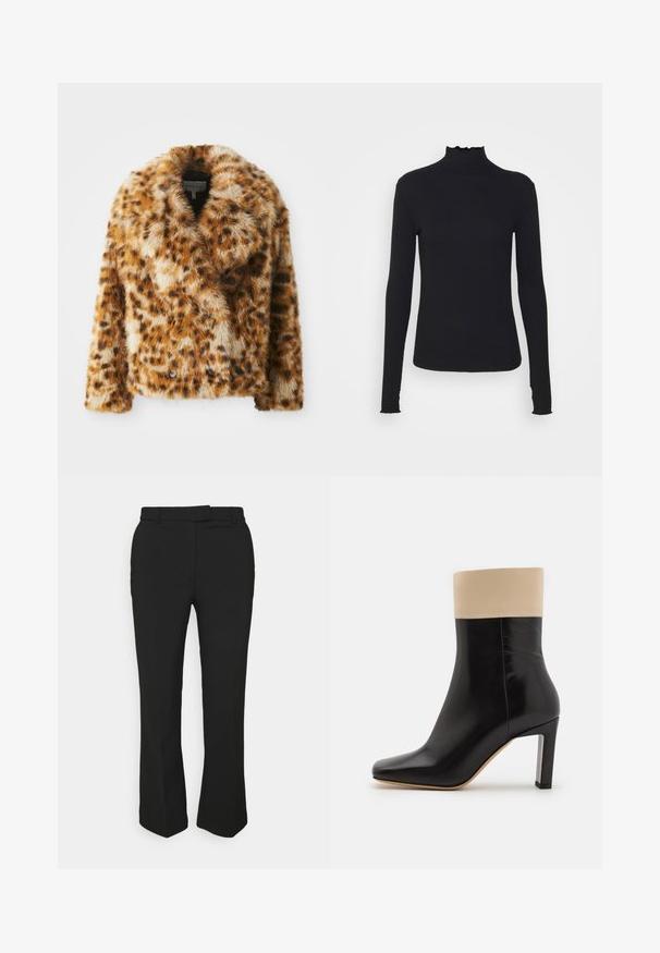 Leopardprint nepbontjasje met een geknopt colbertkraag, dubbele knopen aan de voorkant en een iets verkorte snit. Zachte textuur met verschillende tinten bruin.; Zwarte langärmelige turtleneck top van soepel stof, met een gerimpelde hals en een aansluitende silhouet met eenvoudige randen.; Zwarte op maat gemaakte broeken met een recht gesneden ontwerp, voorzien van riemlussen en zijzakken. Gemaakt van een gladde stof met een nette afwerking.; Zwarte leren enkelboot met een crème-accent aan de bovenkant, spitse neus en een hoge hak met zilverkleurige accenten. Gladde textuur zonder zichtbare patronen.