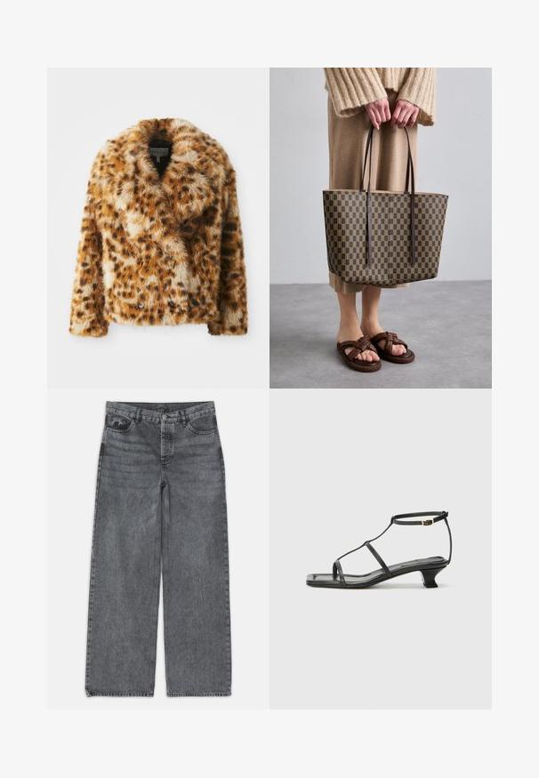 Švarkas su leopardų raštu, pagamintas iš dirbtinės vilnos, su iškirpimu, dvigubomis sagomis ir šiek tiek trumpesne forma. Minkšta tekstūra su įvairiais rudos atspalviais.; Juodas raštuotas lieknas marškinėliai su apvalia iškirpte ir balta siuvinėta logotipu. Medžiaga yra glotni su pritaikytu siluetu.; Platus kojų džinsai tamsiai pilko džinsinio audinio. Yra aukšta liemenė, penkių kišenių dizainas ir priekinis sagčių uždarymas. Lygus paviršius su subtiliu dėvėjimosi efektu.; Juodas odinis sandalai su kvadratiniu pirštu, plonomis dirželiais, reguliuojamu kulkšnies dirželiu ir žemu kulnu. Yra nedidelis aukso akcentas ant dirželio.; Ruda raštuota pirkinių maišas su juodomis rankenomis, pagamintas iš tvirto medžiagos. Dėvimas su bežine megztu džemperiu ir juostinėmis rudomis šlepetėmis.