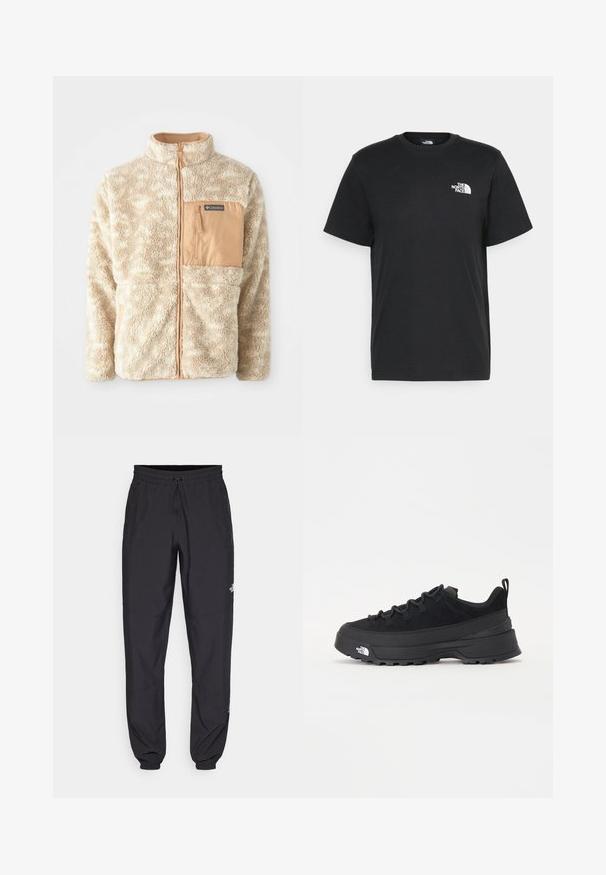 Beige Fleecejacke mit vollem Frontreißverschluss, strukturiertem Stoff und beigefarbenem, mit Reißverschluss versehenem Brusttasche mit dem Label Columbia.; Schwarzes Baumwoll-T-Shirt mit kurzen Ärmeln, Rundhalsausschnitt und einem kleinen weißen Logo auf der linken Brust. Schlichtes Design, glatte Textur und lockere Passform.; Schwarze Sporthosen aus leichtem Stoff, mit einem Kordelzugbund, seitlichen Taschen und schmal zulaufenden Bündchen an den Knöcheln.; Schwarzer Outdoorsneaker mit einem Obermaterial aus Wildleder, strukturierter Gummisohle und robustem Schnürsystem. Verfügt über eine verstärkte Ferse und das Markenlogo an der Seite.