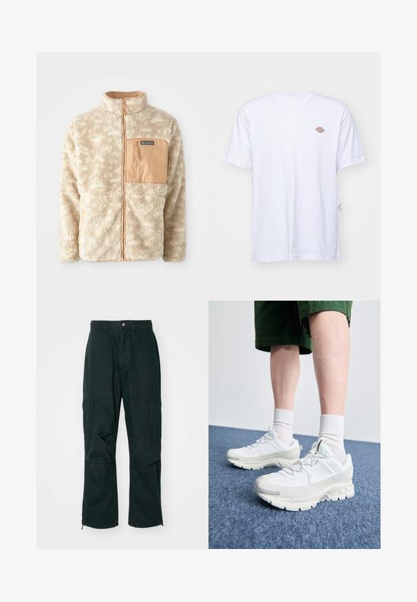 Beżowa kurtka polarowa z pełnym zamkiem z przodu, teksturowany materiał i brązowa kieszeń na zamek błyskawiczny na klatce piersiowej oznaczona marką Columbia.; Biała bawełniana koszulka z dekoltem w serek i krótkimi rękawami. Posiada małe kolorowe haftowane logo na lewej piersi. Miękka tekstura.; Ciemnozielone spodnie cargo wykonane z wytrzymałego materiału, z wieloma bocznymi kieszeniami, luźnym krojem i zamkami błyskawicznymi przy kostkach.; Białe buty sportowe z teksturowanymi nakładkami, masywną podeszwą i szarymi akcentami. Nosi się je z białymi skarpetami do kostek i zielonymi szortami na niebieskiej powierzchni.