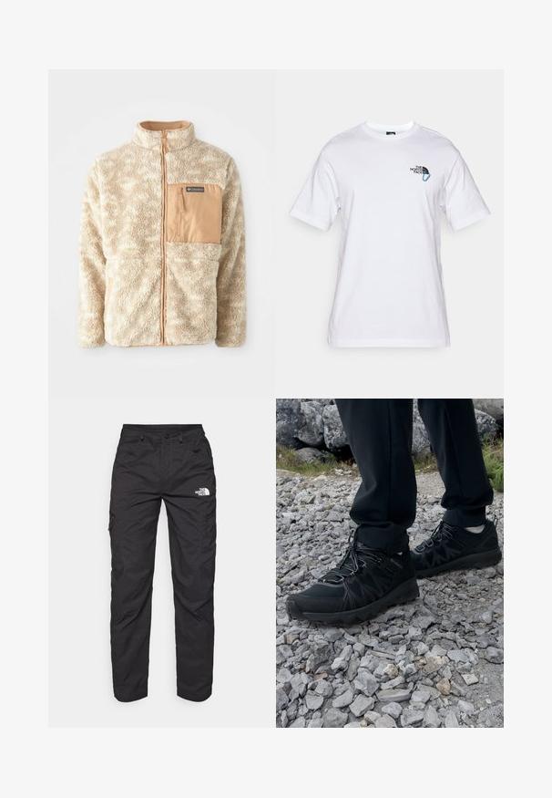 Beige fleecejakke med fuld frontlynlås, tekstureret stof og tanfarvet lynlåslomme på brystet mærket Columbia.; The North Face EXPLORE CARABINER RELAXED TEE UNISEX - T-shirts print - white; Sorte cargo bukser lavet af letvægtsstof. Har lynlåslommer på siden og et logo på venstre lår. Lige ben design.; Sorte udendørssko med mesh og syntetisk materiale, med en tekstureret overdel, sikre snørebånd og en robust ydersål, på klippelandskab.