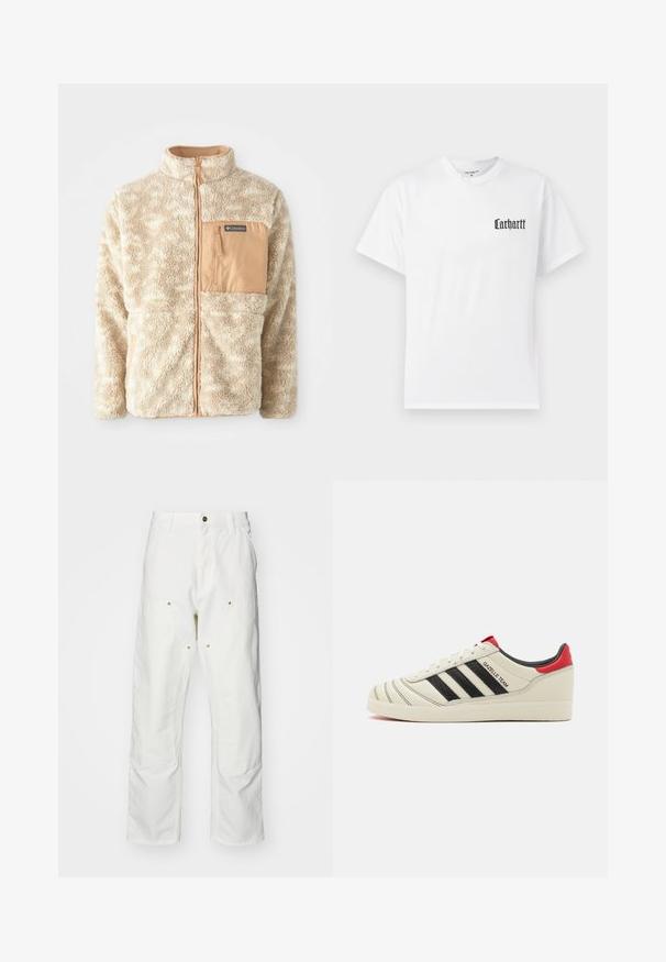 Beige fleecejakke med full front glidelås, strukturert stoff og lys brun glidelåslomme på brystet merket Columbia.; Hvit bomull T-skjorte med korte ermer, med en svart "Carhartt"-logo på venstre brystområde i en stilisert font.; Hvite bomullscargo bukser med avslappet passform. Funksjoner inkluderer frontlommer, gullfargede detaljer og forsterkede knepartier.; Kremfargede lærtreninger med svarte striper, røde hælaccents og teksturerte detaljer. Har gummisåle og snøring.