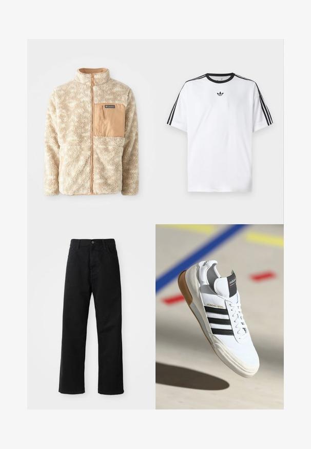 Beige fleece jacket with full front zipper, textured fabric, and tan zippered chest pocket labeled Columbia.; White T-shirt made of cotton, featuring a black round neckline and three black stripes on each shoulder. Small black logo on the chest.; Black denim pants with a straight cut, featuring front pockets, a zip fly, and a single top button. Textured fabric with a matte finish.; White Adidas Mundial Goal sneaker with black stripes and gum sole, shown mid-air over a sports court floor with colored lines.