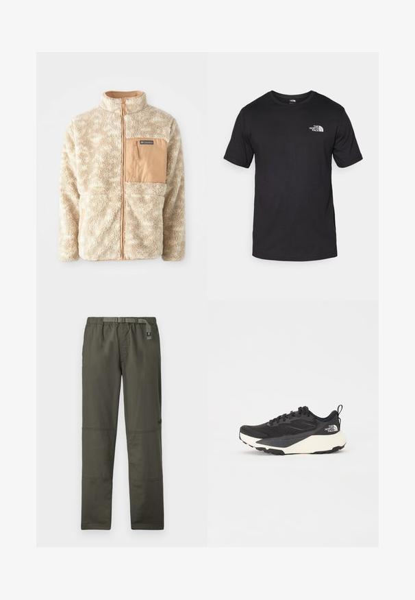 Beige fleece jacket with full front zipper, textured fabric, and tan zippered chest pocket labeled Columbia.; Black short-sleeve t-shirt made of cotton, featuring a round neckline and a small white logo on the upper left chest area.; Olive green, lightweight cargo pants with an elastic waistband, adjustable belt, and multiple pockets; smooth texture and reinforced stitching.; Black athletic shoe with textured mesh upper, solid black accents, and white lightweight outsole. Features lace-up closure and pull tab.