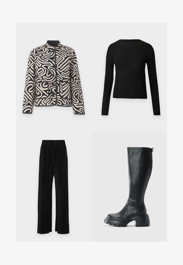 Jachetă matlasată în crem și negru, cu modele abstracte în spirale, guler chinezesc, buzunare frontale și închidere cu nasturi.; Pulover negru cu mâncă lungă, cu textură ribbed, cu decolteu rotund, expus pe un fundal deschis și simplu.; Pantaloni negri plisati cu talie elastică. Prezintă picioare largi și un material neted, texturat, cu dungi verticale.; Cizme lungi din piele neagră cu talpă platformă masivă și tocul pătrat, având un tab de tragere și un model texturat pe talpa exterioară.