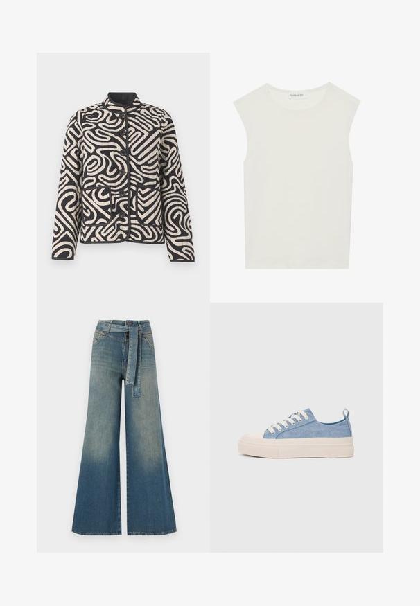Quilted jacket in cream and black featuring abstract swirling patterns, a mandarin collar, front pockets, and button closure.; White sleeveless top with a round neckline. Made of smooth fabric, it features a relaxed fit and minimalist design. No patterns or accents.; Wide-leg denim trousers featuring a light to dark blue gradient, high waist, belt loops, and a matching fabric belt. Textured denim finish.; Light blue canvas sneakers with a cream rubber toe cap and outsole, featuring white laces and a pull tab on the heel.