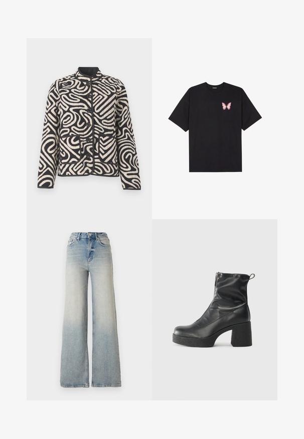 Kreminis ir juodas siuvinėjimo paltas su abstrakčiais sukimosi raštais, mandarinų tipo apykakle, priekinėmis kišenėmis ir mygtukų uždarymu.; Juodas medvilnės marškinėliai trumpomis rankovėmis, su maža rožine drugelio grafika kairėje krūtinės pusėje. Apvalus kaklo iškirpimas, laisvas kirpimas.; Šviesiai mėlynus plačius džinsus, pagamintus iš džinsinio audinio, su aukštu liemeniu, penkiomis kišenėmis ir matomais siūlėmis.; Juodos kulkšninių botai, pagaminti iš lygaus odos, su šoniniu užtrauktuku, masyviu tekstūruotu kulnu ir apvaliu pirštu.