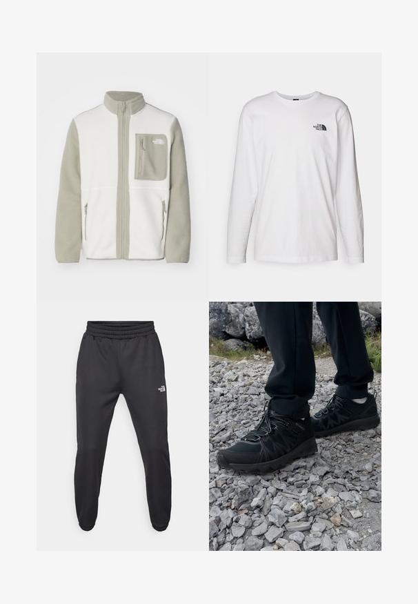 The North Face M YUMIORI FULL ZIP - Fleece jacket - white dune/clay grey; White long-sleeve T-shirt made of cotton with a crew neck. Features a small black logo on the chest. Smooth texture, regular fit.; Black sweatpants with a drawstring waist, tapered fit, elastic cuffs, and a small white logo on the left thigh, made from smooth fabric.; Black outdoor shoes with mesh and synthetic material, featuring a textured upper, secured lacing system, and a rugged outsole, on rocky terrain.