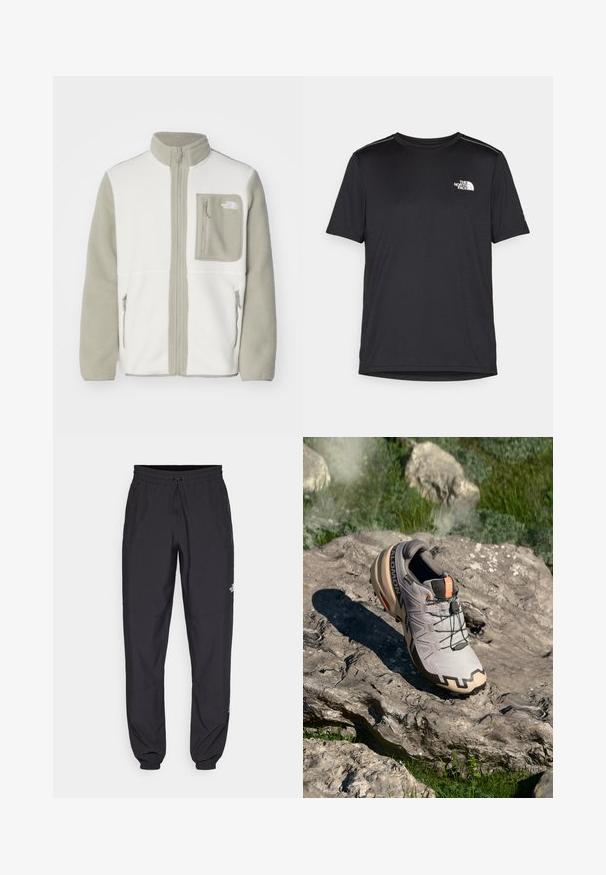 The North Face M YUMIORI FULL ZIP - Fleecejacka - white dune/clay grey; Svart kortärmad T-shirt i lättviktig tyg. Har en liten vit logotyp på vänster bröst och subtila axeltoner.; Svarta träningsbyxor tillverkade av lättviktsmaterial, med dragsko i midjan, sidofickor och avsmalnande muddar vid anklarna.; Ljust grå trail running sko med beige inslag, strukturerad överdel, svarta snören och uttalad sulprofil. Har varumärkets logotyp.