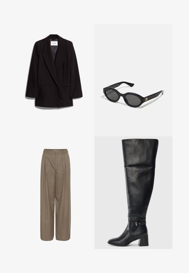 Black double-breasted blazer made of smooth fabric, featuring wide lapels, two front pockets, and a tailored silhouette. Brand tag visible inside.; Long-sleeve turtleneck top in a light beige color. Made of soft, stretchy fabric with a relaxed fit and a fold-over neckline.; Pleated wide-leg trousers in a light brown fabric, featuring a structured waistband and a smooth texture, designed for comfort and versatility.; Black knee-high leather boot with block heel and decorative strap with gold buckle above the ankle, side view on white background.; Black oval sunglasses with dark lenses and glossy plastic frame. Features gold logo on the temple, offering a sleek and modern design.