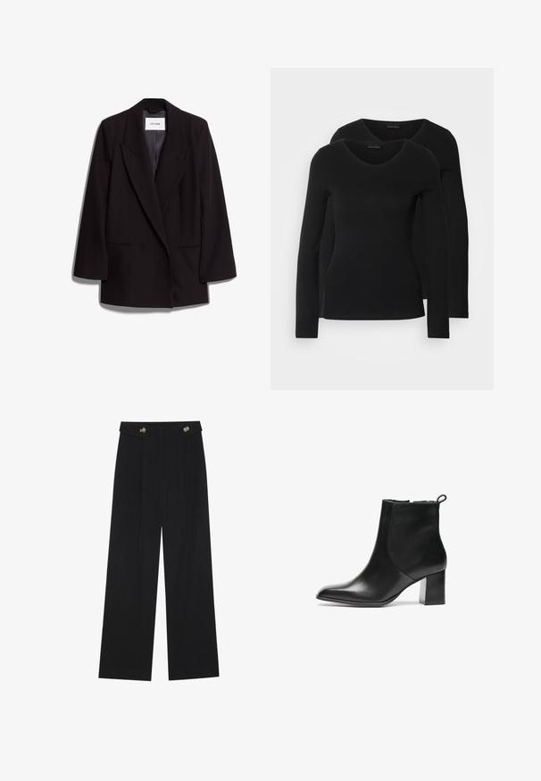 Svart dobbeltspent blazer laget av glatt stoff, med brede slag, to frontlommer og en skreddersydd silhuett. Merketikett synlig på innsiden.; To svarte langermede skjorter med V-halsdesign, laget av mykt, elastisk stoff, viser jevn tekstur og en tettsittende fasong.; Svart vide bukser med høy midje, knappdetaljer på midjebåndet og frontplisser.; Svarte skinn ankelstøvler med rund tå, middels høy blokkhæl og en trekkflik bak. Glatt tekstur, minimalistisk design.
