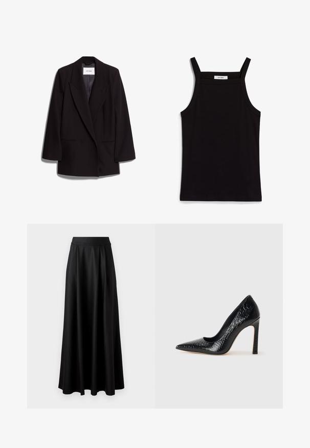 Zwarte dubbelbreasted blazer van gladde stof, met brede revers, twee voorzakken en een getailleerde silhouette. Merklabel zichtbaar aan de binnenkant.; Zwarte tanktop met dunne spaghettibandjes, gemaakt van ribstof, met een rechte snit en een label op de hals dat "IVY OAK" zegt.; Zwarte rok tot op de vloer met een gladde textuur, brede tailleband en geplooid ontwerp, zonder zichtbare patronen of versieringen.; Zwarte puntige hoge hak schoen met een krokodillenleren textuur, met een slank ontwerp, hoge stiletto-hak, en een gladde zwarte binnenkant.