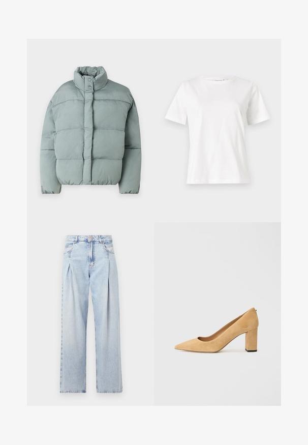 Gaiši zaļa pūkaina jaka ar stāvo apkakli, kniedēm un horizontālu izšuvumu. Mīksta auduma, nedaudz pārmērīgs piegriezums.; Baltas kokvilnas T-krekls ar īsām piedurknēm, apaļu kakla izgriezumu un brīvu piegriezumu. Gluda tekstūra, bez rakstiem vai akcentiem, minimālistisks dizains.; Gaiši zilas džinsu bikses ar augstu jostasvietu, plats kāju griezumu, divām sānu kabatām un krokotā dizaina akcentiem. Mīksta tekstūra ar izdilušu apdari.; Bežīgas zamšādas augstpapēžu kurpes ar smailu purngali un masīvu bloku papēdi. Materiāls ir ar mīkstu tekstūru un gludu apdari.