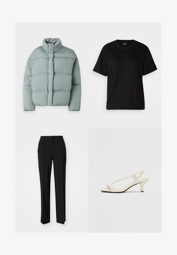 Jachetă puffer de culoare verde deschis, cu guler înalt, închidere cu capse și textură matlasată orizontal. Material moale, cu o croială ușor supradimensionată.; T-shirt negru din bumbac, cu guler rotund, mâneci scurte și un logo brodat pe piept. Design simplu, cu o croială relaxată și fără modele.; Pantaloni negri tailor-ed cu un design drept, având o textură fină și cute clare pe față. Fără elemente de prindere vizibile.; Sandale bej cu toc bloc, cu bretele subțiri și vârf pătrat. Material neted cu detalii minime, concepute pentru a fi ușor de purtat.