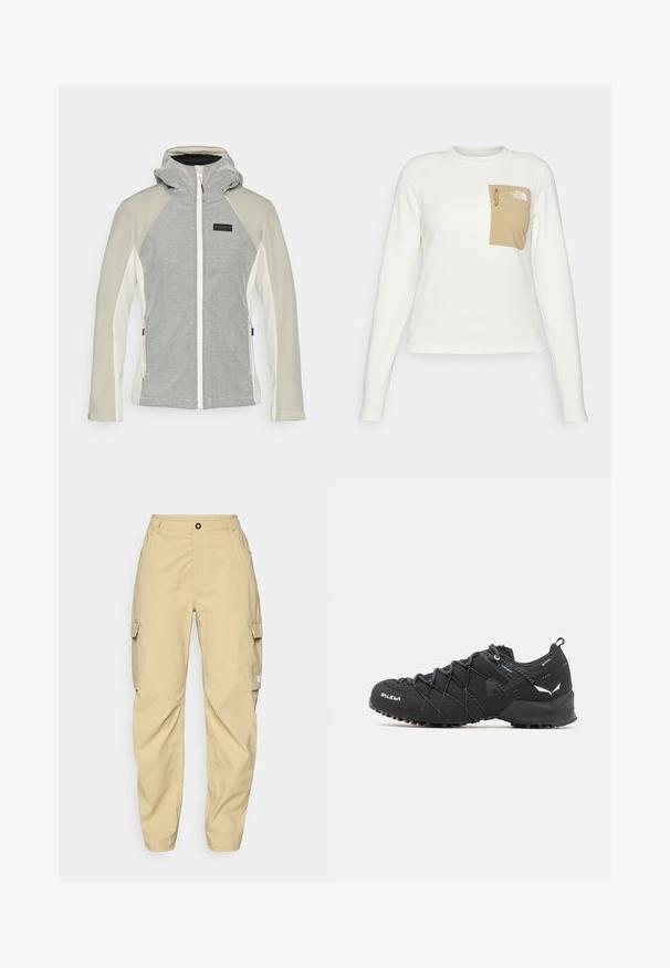 Giacca grigia chiara e bianca con chiusura zip e cappuccio. Il corpo presenta un motivo a righe, mentre le maniche sono di un colore uniforme.; Camicia bianca a maniche lunghe realizzata in tessuto testurizzato, con una tasca a toppa beige dotata di cordoncino e logo.; The North Face EXPLORATION CARGO PANTS - Pantaloni outdoor - khaki stone; Scarpe da trekking nere con tomaia in tessuto testurizzato, sistema di allacciatura e suola in gomma robusta. Accentuate da dettagli riflettenti e loghi.