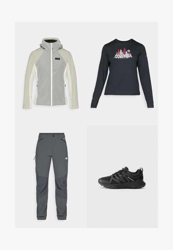Hellgraue und weiße Jacke mit Reißverschluss und Kapuze. Der Körper hat ein gestreiftes Muster, während die Ärmel uni sind.; Dunkelgraues Langarmshirt mit einem Grafikdesign von roten Bäumen und Bergen; das "COLUMBIA"-Logo in fett weißer Schrift. Weicher Stoff, klassischer Rundhalsausschnitt.; Dunkelgraue Outdoor-Hosen mit verstärkten Kniebereichen, seitlichen und vorderen Taschen mit Reißverschluss, Knopfverschluss und dem The North Face-Logo auf dem Oberschenkel.; Columbia PEAKFREAK - Hikingschuh - black