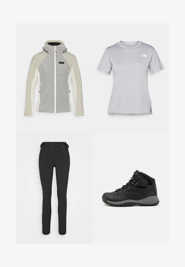 Veste légère grise et blanche avec fermeture éclair et capuche. Le corps présente un motif rayé, tandis que les manches sont de couleur unie.; T-shirt gris à manches courtes fabriqué en tissu doux et évacuant l'humidité. Il présente un col rond et un petit logo blanc en haut à gauche.; Pantalons noirs ajustés en matériau flexible. Les caractéristiques comprennent une poche latérale zippée, des genoux articulés et une texture lisse.; Botte de randonnée noire au design mi-haut, avec un dessus texturé, des accents gris et une semelle en caoutchouc durable avec des crampons de traction.