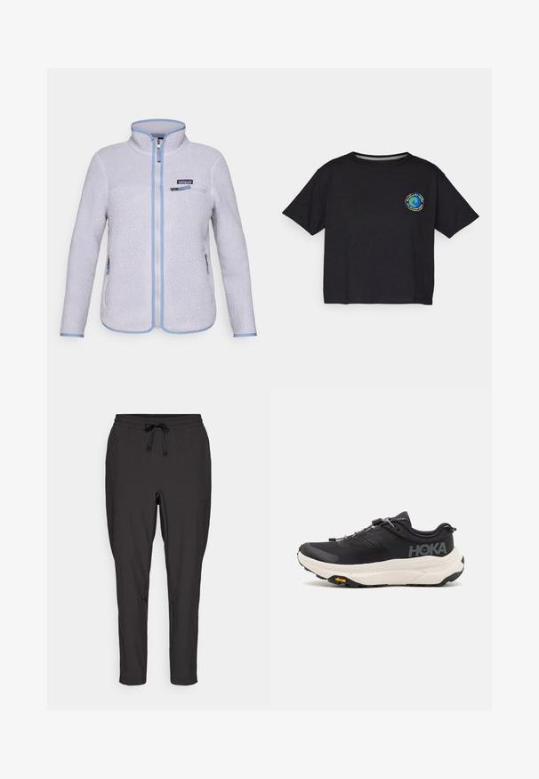 Vaaleanlila Patagonia-fleecetakki, jossa on täysi etuvetoketju, vetoketjullinen rintatasku, kaksi vetoketjullista sivutaskua ja sininen reunus.; Mustat puuvillaiset lyhythihaiset T-paidat, joissa on pyöreä monivärinen logo rinnassa. Suora helma ja rento istuvuus.; Mustat verkkarit, joissa on elastinen vyötärö, nauhavyö ja sivutaskut. Valmistettu sileästä, kevyestä kankaasta.; Musta urheilujalkine, jossa on hengittävä verkkomateriaali, kumipohja, valkoinen vaimennusrakenne ja heijastavat nauhat. Vibram-logo pohjassa.