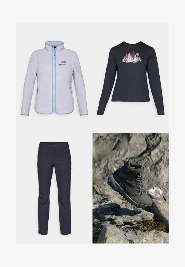 Light purple Patagonia fleece jacket with full front zipper, zippered chest pocket, two zippered side pockets, and blue trim on edges.; Long-sleeve dark gray shirt with a graphic of red trees and mountains; "COLUMBIA" logo in bold white text. Soft fabric, standard crew neck.; Navy blue pants made of smooth fabric, featuring a front button closure, slim-fit design, and creased detailing at the knees.; Dark gray hiking boot made of synthetic material, featuring a padded collar, metal eyelets, and textured rubber sole for traction.