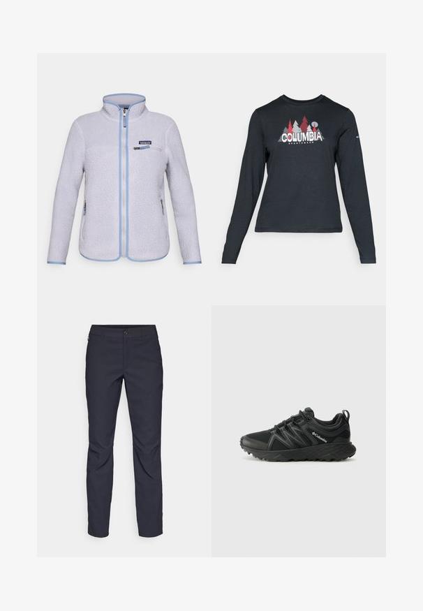 Lys lilla Patagonia fleecejakke med full frontglidelås, glidelåslomme på brystet, to glidelåslommer på sidene og blå kant langs kantene.; Langermet mørkegrå skjorte med grafikk av røde trær og fjell; "COLUMBIA" logo i fet hvit tekst. Mykt stoff, standard rund hals.; Marineblå bukser laget av glatt stoff, med frontknappelukking, slim-fit design og pressede detaljer ved knærne.; Columbia PEAKFREAK - Fjellsko - black