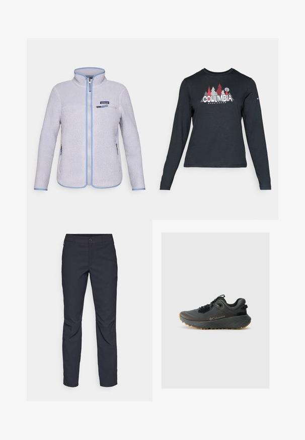 Svijetloljubičasta Patagonia flis jakna s punim prednjim zatvaračem, zatvorenim džepom na prsima, dva zatvorena bočna džepa i plavim obrubom na rubovima.; Majica dugih rukava tamnosive boje s grafikom crvenih drveća i planina; logo "COLUMBIA" u podebljanom bijelom tekstu. Mekana tkanina, standardni okrugli izrez.; Pantalone tamnoplave boje od glatkog materijala, s prednjim kopčanjem na dugme, uskim krojem i pregibima na koljenima.; Columbia TERRASTRIDE CRZ - Obuća za pješačenje - shark/black