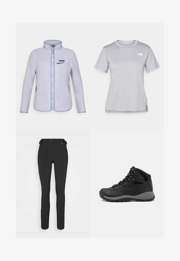 Svetlofialová fleecová bunda Patagonia s plným predným zipsom, zipsovateľnou vreckom na hrudi, dvoma zipsovateľnými bočnými vreckami a modrým lemovaním na okrajoch.; Sivý tričko s krátkym rukávom vyrobené z jemného, vlhkosť odvádzajúceho materiálu. Obsahuje okrúhly výstrih a malé biele logo na hornej ľavej strane.; Čierne, priliehavé nohavice vyrobené z flexibilného materiálu. Medzi vlastnosti patrí zipsová bočná vrecko, tvarované kolená a hladký povrch.; Čierna turistická obuv s polovičným strihom, s textúrovaným zvrškom, šedými akcentmi a odolnou gumovou podrážkou s protišmykovými hrebienkami.