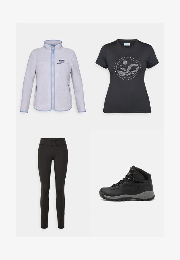 Light purple Patagonia fleece jacket with full front zipper, zippered chest pocket, two zippered side pockets, and blue trim on edges.; Black Columbia t-shirt with white circular mountain and river line art and text "Columbia Sportswear Company Outside Since 1938."; Black leggings with a high waistband, drawstring, smooth texture, and fitted design. Features stitching details along the sides.; Black hiking boot with a mid-top design, featuring a textured upper, gray accents, and durable rubber sole with traction lugs.