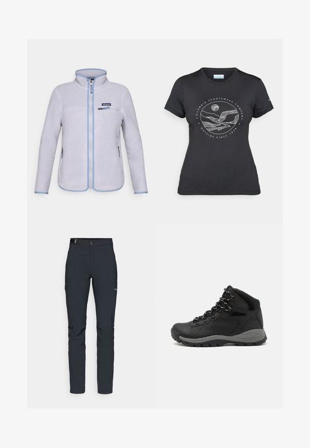 Svetlo-vijolična fleece jakna Patagonia s polnim zadrgo, zadrgo na prsnem žepu, dvema zadrgama na stranskih žepih in modrim obrobjem ob robovih.; Črna majica Columbia z belim krožnim risanjem gora in reke ter napisom "Columbia Sportswear Company Outside Since 1938."; Moške zunanje hlače, temno siva, izdelane iz fleksibilnega materiala, z pasom, žepom na zadrgo in ojačanim šivanjem.; Črne pohodniške čevlje z srednje visokim dizajnom, ki imajo teksturirano zgornji del, sivi dodatki in vzdržljiv gumen podplat s protizdrsnimi izboklinami.