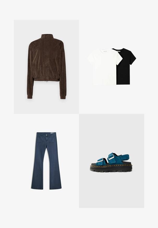 7 DAYS Active JACKET - Bomberjacke - slate black; Zwei kurzärmelige T-Shirts, eines weiß und eines schwarz, aus Baumwolle. Beide haben einen runden Halsausschnitt und ein einfaches, klassisches Design.; Dunkelblaue, ausgestellte Jeans aus Denim mit genähten Taschen, einem Knopfverschluss und einer glatten Textur. Mit einem klassischen Fünf-Taschen-Design.; Blaue Wildledersandalen mit zwei verstellbaren Riemen und silbernem Zubehör, ausgestattet mit einer dicken schwarzen Plateausohle mit gelben Nähakzenten.