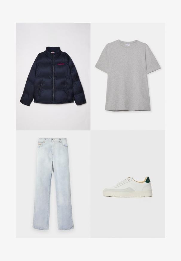 Tumedat puffer-jakk, millel on seisev krae, lukuga esikülg ja kaks külgtaskut. Vasakus rinnas on roosa "jäätise" logo. Pehme, tikandite tekstuur.; Hallhargist lühikeste varrukatega T-särk pehmest, tekstuuriga kangast. Omab klassikalist ümarat kaelust ja sirget allääret, sobides igapäevaseks kandmiseks.; Heledad sinine denimpüksid otse jalgadega kujundusega, millel on nööbkinnitus, viis taskut ja kontrastne õmblus.; Valged tennisjalanõud, millel on sametised aktsendid, ümar varvas, lame nöörid ja kreemjas kummine põhja. Hästi nähtav roheline bränding kannal.