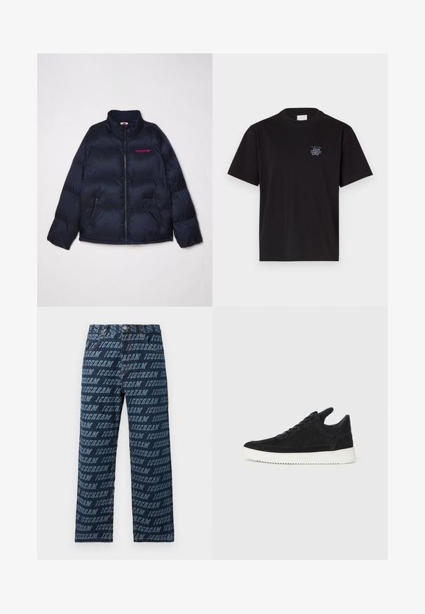 Marineblå puffjakke med ståkrage, glidelås foran og to sidelommer. Har rosa "iskrem"-logo på venstre bryst. Myk, quiltet tekstur.; Svart bomulls T-skjorte med rund hals og korte ermer. Har en liten blå logo på venstre bryst. Enkel, rettskåret design.; Dongeribukser i mørkeblå med et all-over gentaget "ICECREAM" tekstmønster i en lysere nuance. Lige benudskæring med standard livvidde.; Sorte semskede sneakers med hvit gummisåle, med tonale sømmer og snøring. Glatt tekstur med en moderne, strømlinjeformet form.