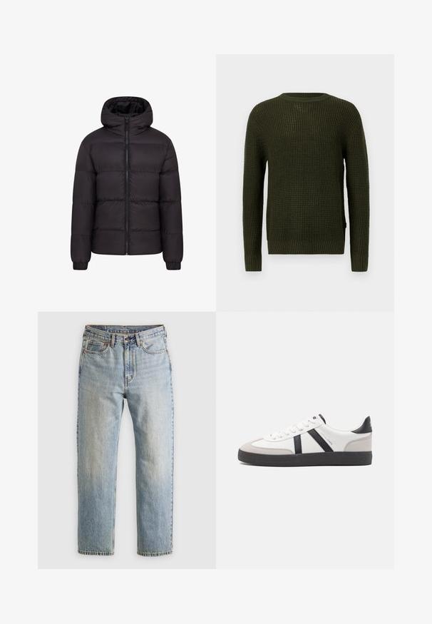 Juodas pūkinis šalikas su gobtuvu, siuvinėta konstrukcija, pilnas priekis su užtrauktuku ir elastingais rankogaliais. Lygus, blizgus paviršius su minimaliais aksesuarais.; Olive žalios spalvos megztinis su apvaliu iškirpimu, ilgomis rankovėmis ir raštuotais rankogaliais. Pasižymi tekstūruotu raštu ir laisvu siluetu.; Šviesiai mėlynos džinsinės kelnės su aukštu liemeniu, priekyje mygtukas, užtrauktukas ir penkių kišenių dizainas, išklotos ant neutralios fono.; Balti sportbačiai su juodais ir pilkais akcentais, pasižymintys tekstūruotu pilku pirštų dangteliu, juoda gumine padais ir plokščiomis baltomis raišteliais. Švarus dizainas, minimalistinis stilius.