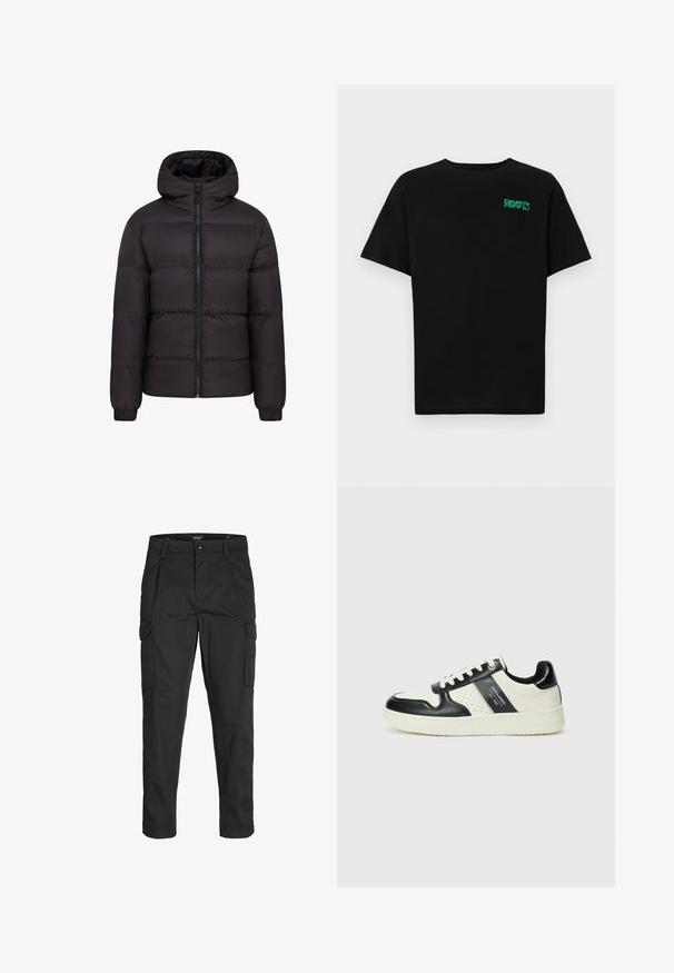 Juodas pūkinis šalikas su gobtuvu, siuvinėta konstrukcija, pilnas priekis su užtrauktuku ir elastingais rankogaliais. Lygus, blizgus paviršius su minimaliais aksesuarais.; Juodas medvilninis marškinėliai trumpomis rankovėmis. Priekyje yra žalias „ROOTS“ logotipas, apvalus iškirpimas ir standartinė prigludimo forma.; Juodi krovinių tipo džinsai, pagaminti iš tvirto audinio, su keliais kišeniais, mygtuko uždarymu ir siauru, prigludusiu dizainu su siaurėjančiomis kojomis.; Odiniai sportbačiai juodos ir kreminės spalvų schemoje, su perforuotais akcentais, paminkštinta apykakle ir tekstūruotu padu.