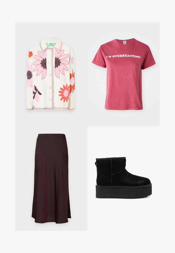 Fabienne Chapot ELODY JACKET - Farkkutakki - warm white; Bordeaux-punainen puuvillainen t-paita lyhyillä hihoilla, jossa on valkoista tekstiä, joka lukee "I ♥ OVERREACTING" rinnassa. Yksinkertainen, pyöreä kaula-aukko.; Burgundy satiini midi-hame, jossa on sileä pinta, suora leikkaus ja hieman levenevä helma. Ei näkyviä kuvioita tai varusteita.; Musta mokkanahka nilkkaboots paksulla platform-pohjalla ja pehmeällä vuorilla. Viimeistelty ompeluaksenteilla ja takana olevan vetolenkin avulla helppoa pukemista varten.