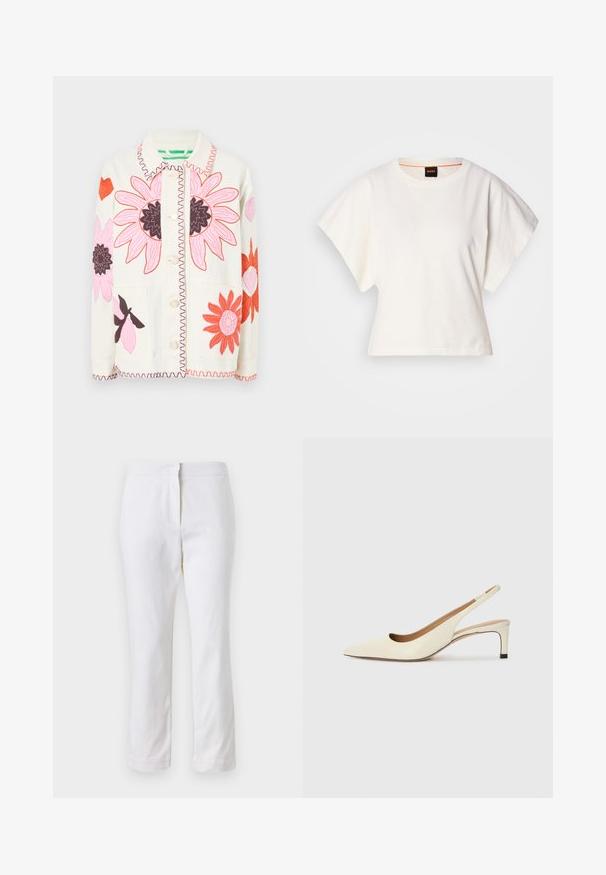 Fabienne Chapot ELODY JACKET - Denim jacket - warm white; White cropped T-shirt, short wide sleeves, soft cotton material, round neckline with subtle orange trim, minimal design, no patterns or graphics.; White cotton pants with a straight leg design, featuring a mid-rise waist and no visible hardware or patterns. Smooth texture throughout.; Pointed-toe slingback shoe in off-white leather, featuring a low heel and cut-out design with a smooth texture and minimal accents.