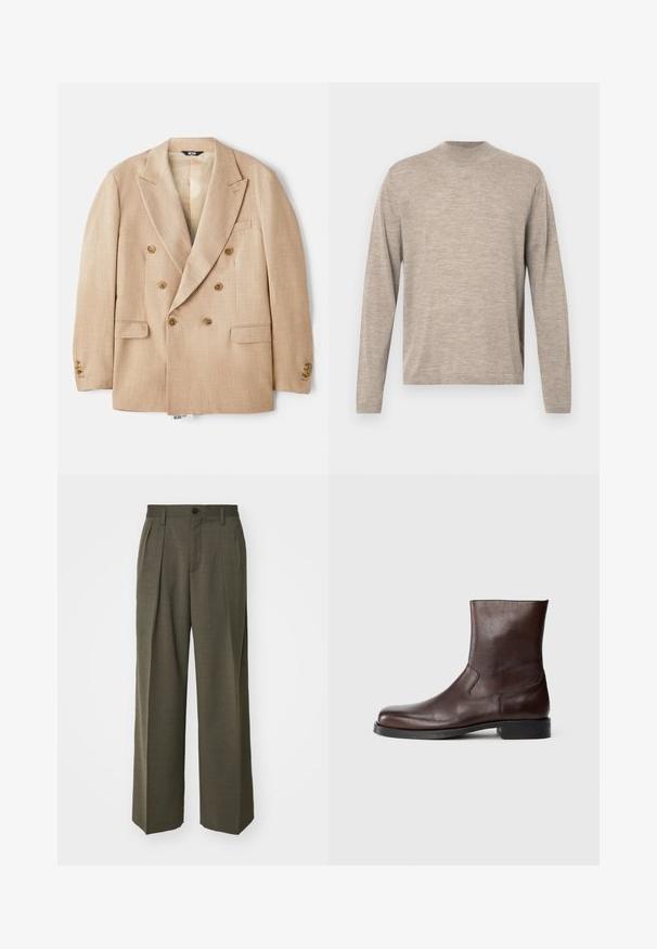 Beige divkārtīgi žakete ar lieliem griezumiem, divām priekšējām kabatām un brūnām pogām, izgatavota no tekstūras auduma.; Gai bēšs džemperis ar garām piedurknēm un apaļu kakla izgriezumu, izgatavots no mīksta auduma, ar brīvu piegriezumu un smalku tekstūru. Bez rakstiem vai akcentiem.; Filippa K WIDE TROUSERS - Auduma bikses - driftwood; Brūni ādas potītes zābaki ar gludu tekstūru, noapaļotu pirkstu daļu, minimālu šuvju skaitu un plakanu melnu gumijas zoli.
