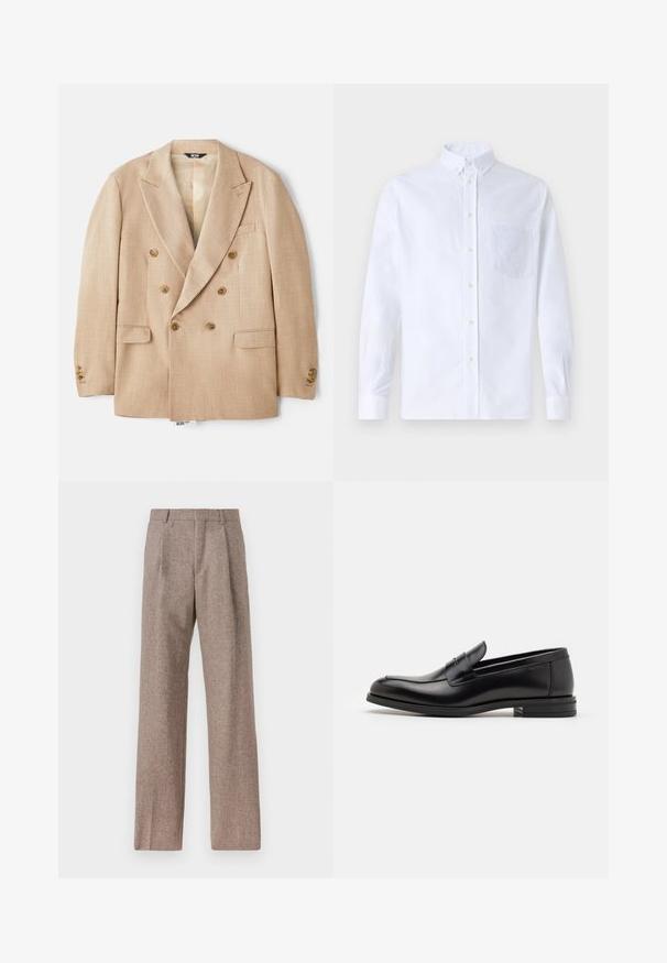 Smėlio spalvos dvigubo uždarymo švarkas su dideliais įpjovomis atvartais, dviem priekinėmis kišenėmis ir rudos spalvos mygtukais, pagamintas iš tekstūrinio audinio.; Balta ilga rankovė mygtukų marškiniai, pagaminti iš medvilnės, su krūtine kišene ir toniniu siuvinėjimu, apykakle ir mygtukų apvadu.; Rudos, aukšto liemens kelnes, pagamintas iš tekstūruotos medžiagos. Plati kojos, dvi priekinės klostės struktūrai. Tvarkingas apdailos darbai, be matomų detalių.; Juodos odinės loafers, turinčios lygų paviršių, apvalią noselę ir dekoratyvinę juostą per priekinę dalį. Žemas krentantis kulnas, minimalistinis dizainas.