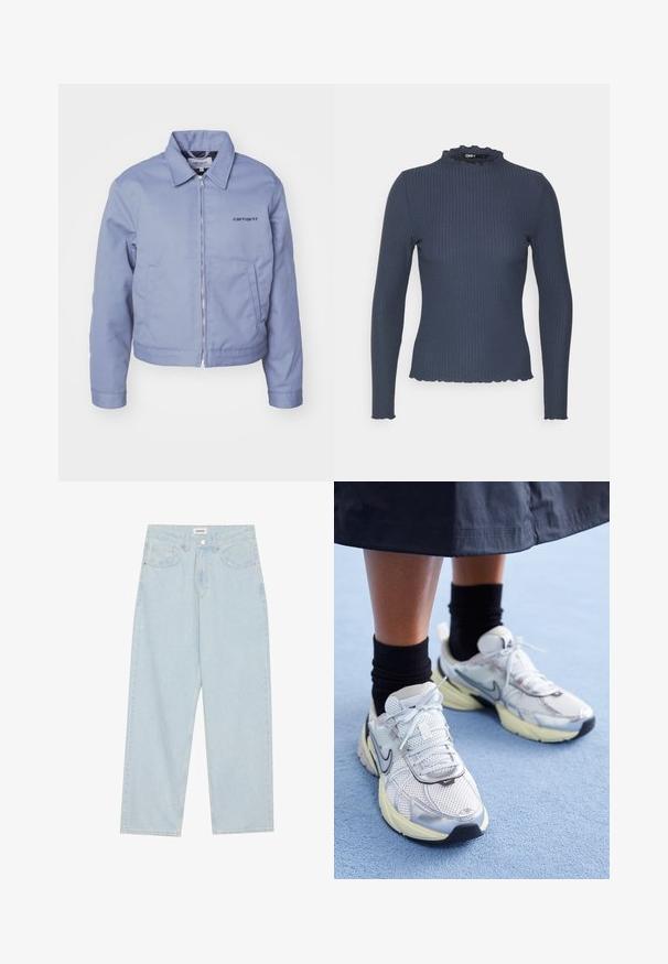Carhartt WIP MODULE SCRIPT JACKET - Jachetă de vară - dove grey/black rigid; Top de culoare bleumarin cu mânecă lungă, realizat dintr-un material texturat în dungi. Dispune de un guler înalt cu margine ondulată și un design ajustat.; Jeans largi de culoare albastră deschisă, din denim, cu talie medie, cinci buzunare și închidere cu buton având un accent metalic subțire.; Adidași Nike albi și argintii, cu material din plasă, accente reflexive și talpă bej. Purtați cu șosete negre, stând pe o suprafață albastră.