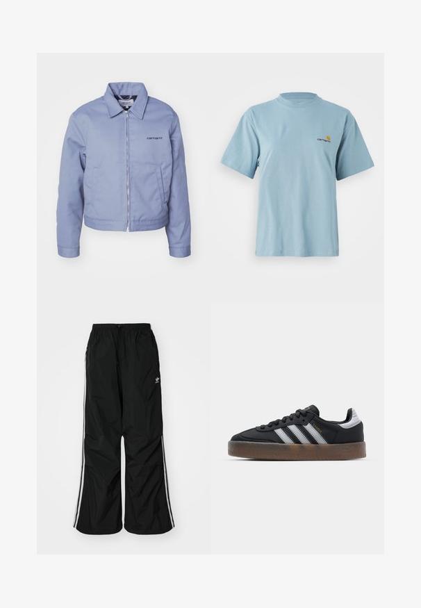 Carhartt WIP MODULE SCRIPT JACKET - Nyári dzseki - dove grey/black rigid; Világoskék, rövid ujjú pamut póló kerek nyakkal és apró sárga és piros Carhartt logóval a bal mellen.; Fekete szélálló nadrág rugalmas derékpánttal, húzózsinórral, fehér oldalsávokkal, bő szabással, bal oldalon egy kis logóval.; Fekete sportcipő, amelynek letisztult dizájnja van, három fehér csíkkal, fekete nyelvvel és textúrázott barna gumitalppal. Arany betűs díszítések.