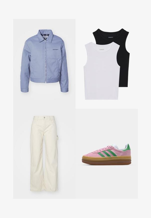 Carhartt WIP MODULE SCRIPT JACKET - Lehká bunda - dove grey/black rigid; Dvě bezramínková trička v černé a bílé barvě, vyrobená z žebrované bavlny, s kulatými výstřihy a přiléhavým střihem. Obojí má viditelné štítky.; Široké kalhoty z světle béžové látky, s vysokým pasem, předními kapsami a bočním poutkem pro větší funkčnost.; Růžové semišové tenisky se zelenými pruhy, bílými akcenty a hnědou gumovou podrážkou. Mají strukturovanou tkaninu a detail s logem na boku.