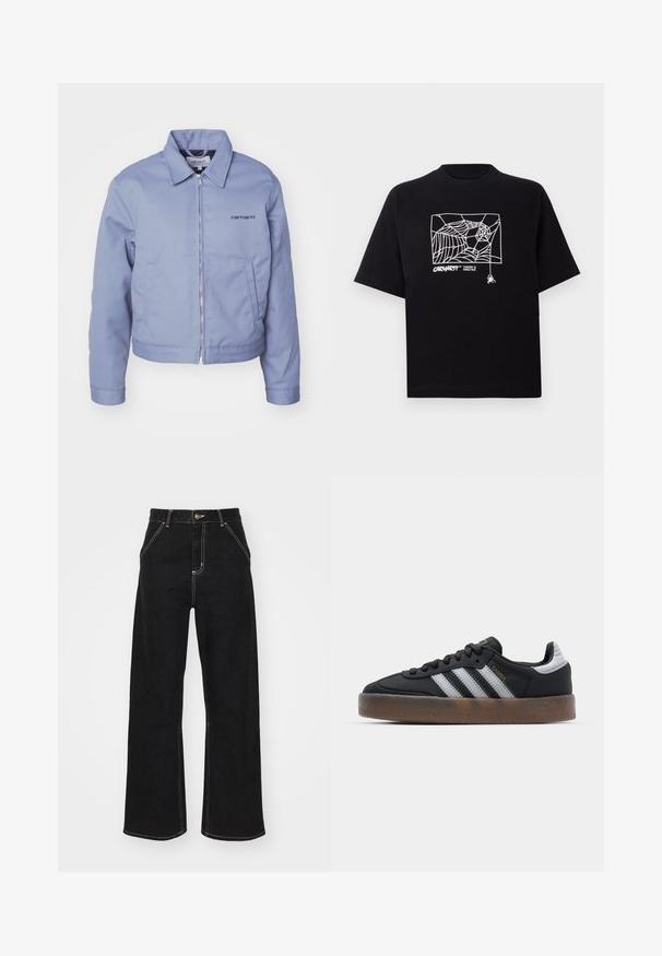 Carhartt WIP MODULE SCRIPT JACKET - Leichte Jacke - dove grey/black rigid; Schwarzes T-Shirt aus Baumwolle mit kurzen Ärmeln. Mit einem weißen Spinnennetz-Graphic und Logo auf der Vorderseite. Einfacher runder Ausschnitt.; Schwarze weit geschnittene Jeans aus Denim, mit kontrastierenden weißen Nähten und einem vorderen Knopfverschluss, ausgestattet mit zwei schrägen Fronttaschen.; Schwarze Sneakers mit einem schlanken Design, versehen mit drei weißen Streifen, einer schwarzen Zunge und einer strukturierten braunen Gummisohle. Akzente mit goldener Schrift.