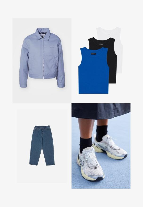 Carhartt WIP MODULE SCRIPT JACKET - Skraistė - dove grey/black rigid; Trys bešvarkiai marškiniai mėlynos, juodos ir baltos spalvų. Medžiaga yra raštuota, su apvalia iškirpte. Kiekvienas marškinys turi etiketę su užrašu „even&odd.“; Mėlyni džinsai su laisvu siluetu, aukštu juosmeniu, penkių kišenių dizainu ir siuvinio akcentais. Su mygtuku ir užtrauktuku.; Balti ir sidabriniai Nike sportbačiai su tinkline medžiaga, atspindinčiais akcentais ir smėlio spalvos padu. Dėvimi su juodomis kojinėmis, stovint ant mėlynos paviršiaus.